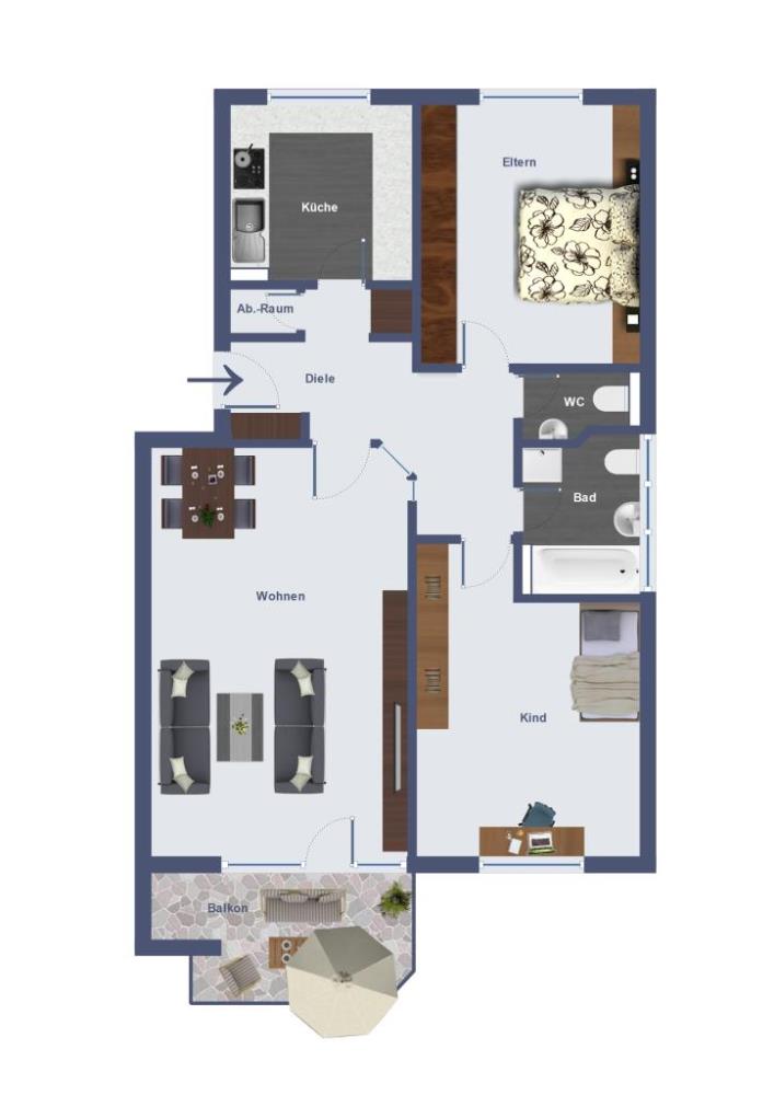 3-Zimmer Eigentumswohnung mit Balkon - Grundriss Skizze 
